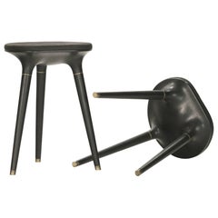 Contemporary Stool in Carved Walnut, Brass and Leather, Set of Five