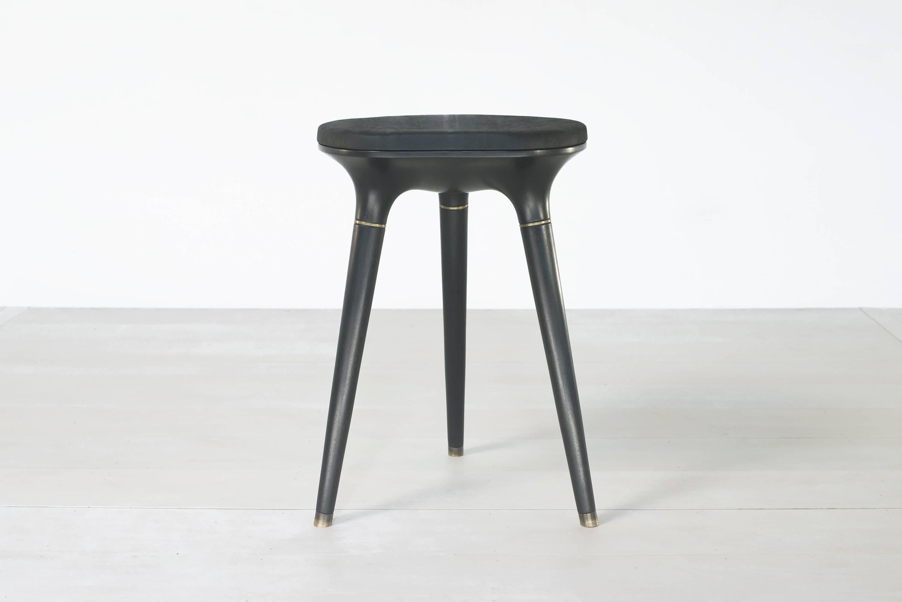 Contemporary Stool in Carved Walnut, Brass and Leather, Set of Five In New Condition In Los Angeles, CA