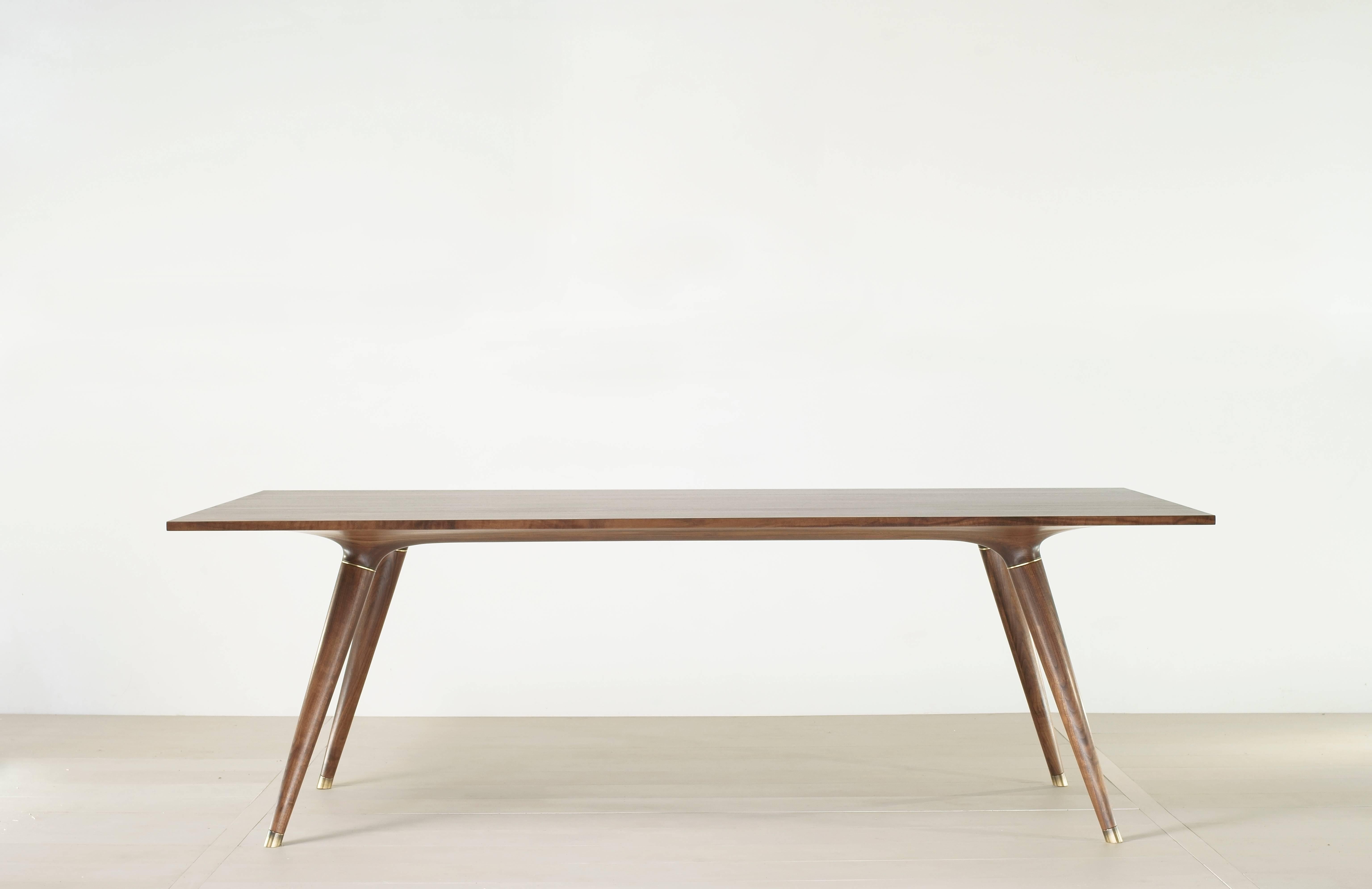 Organic Modern Contemporary Dining Table in Carved Walnut with Brass Accents For Sale