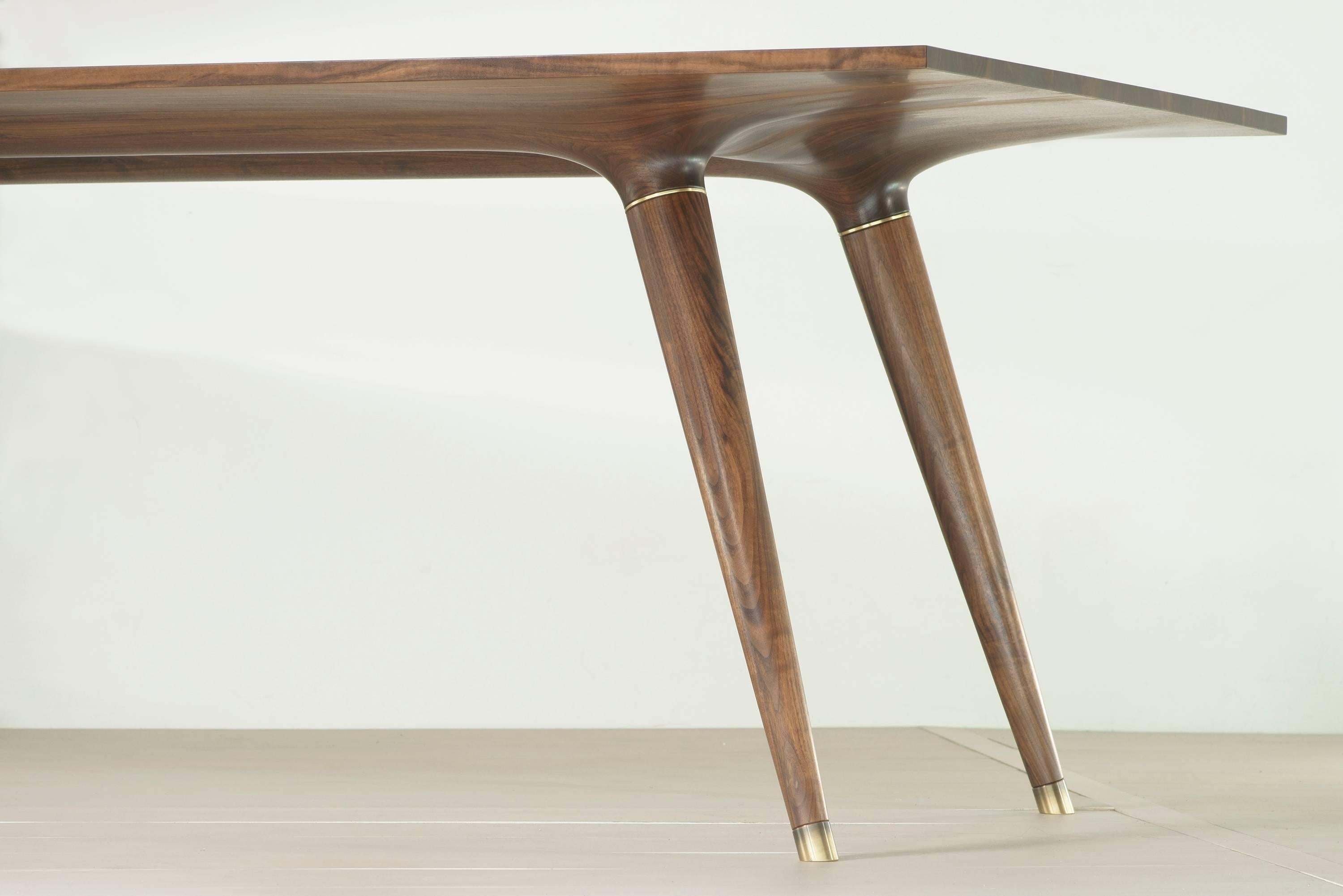 Contemporary Dining Table in Carved Walnut with Brass Accents For Sale 2