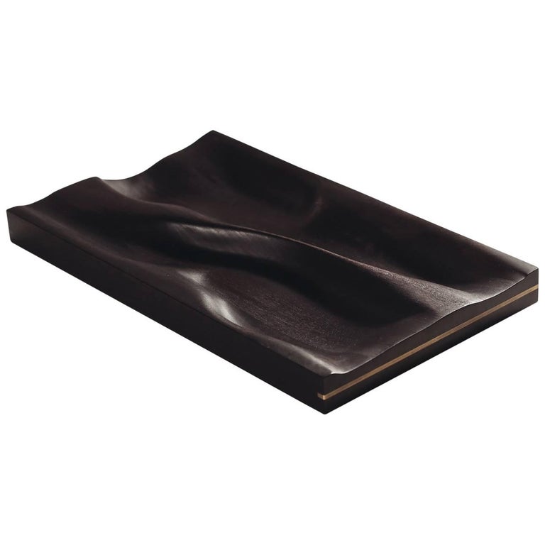 Contemporary Carved Walnut Ebonized Tray with Brass Accent For Sale