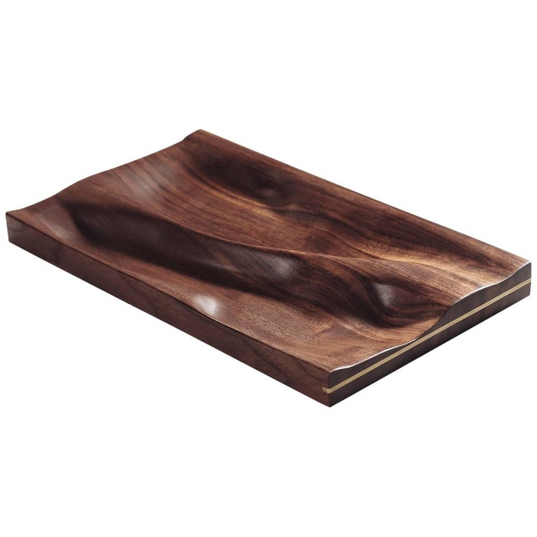 Contemporary Carved Walnut Natural Finish Tray with Brass Accent For Sale