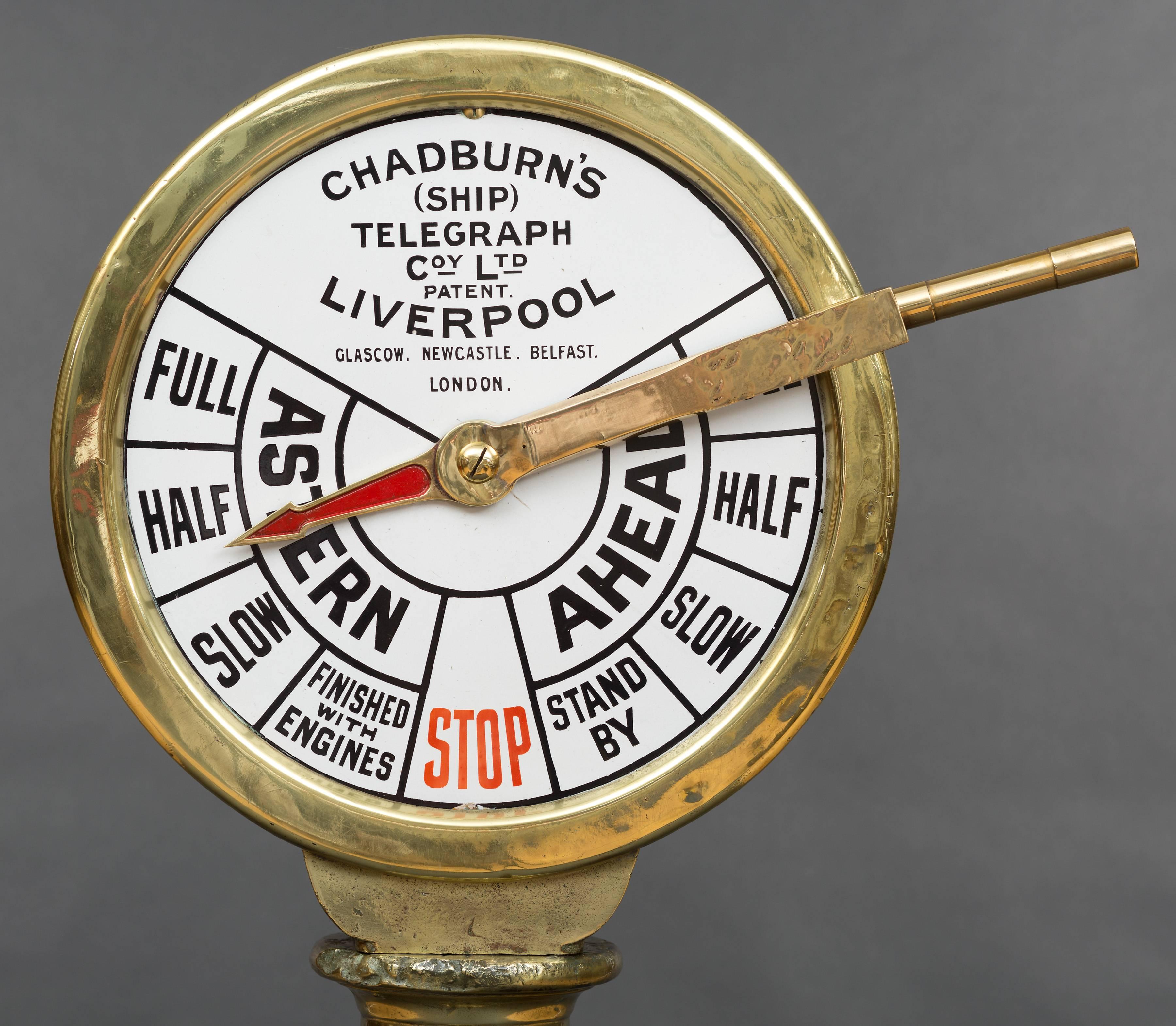 Ships telegraph.

Brass cased original ships telegraph with enamel dial signed ‘Chadburns (Ship) telegraph Coy Ltd. Patent Liverpool, Newcastle, Belfast, London.

Nine speed indicators with central pointer mounted on a mahogany