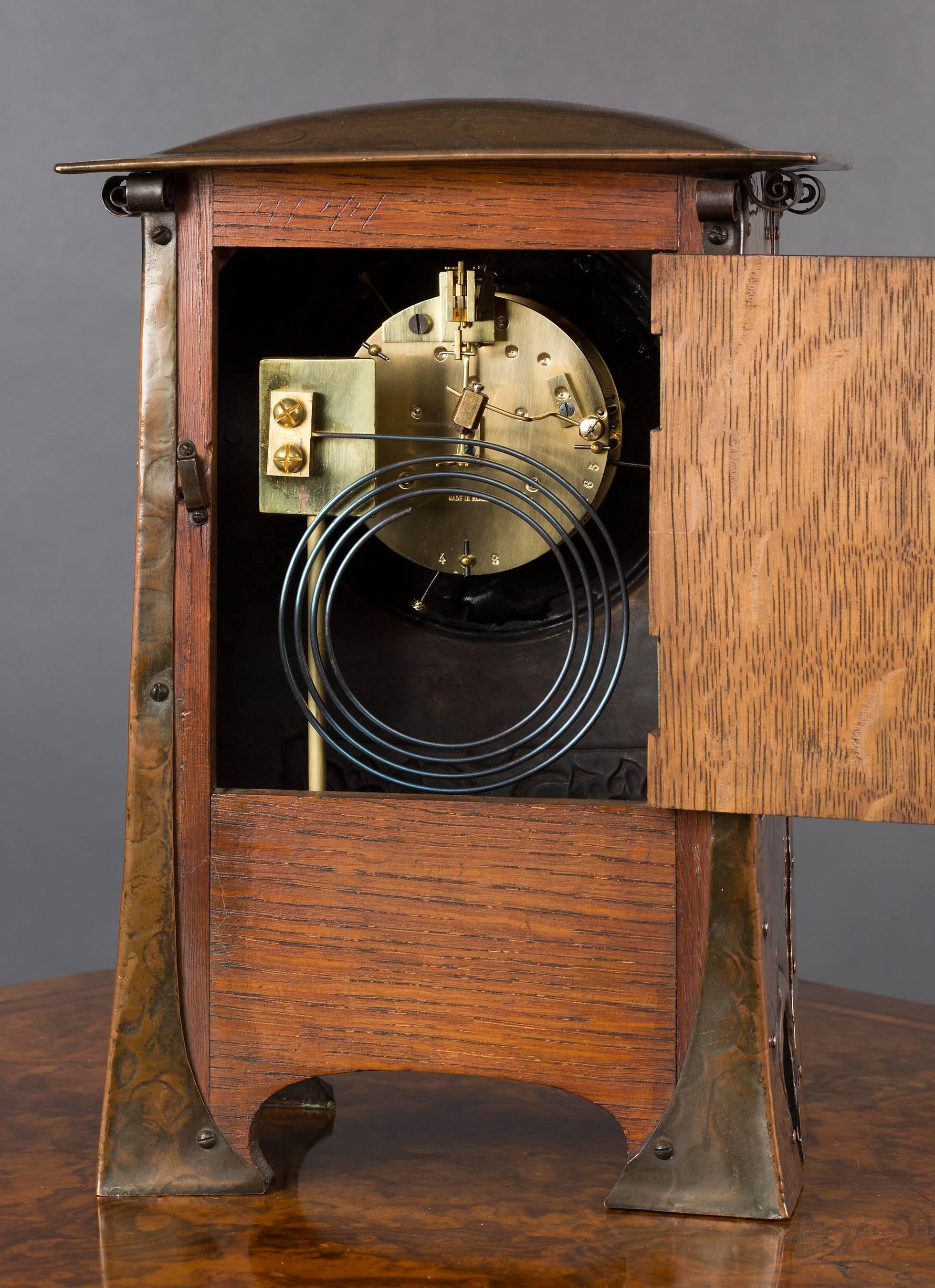 English Arts and Crafts Copper Mantel Clock, circa 1890 For Sale