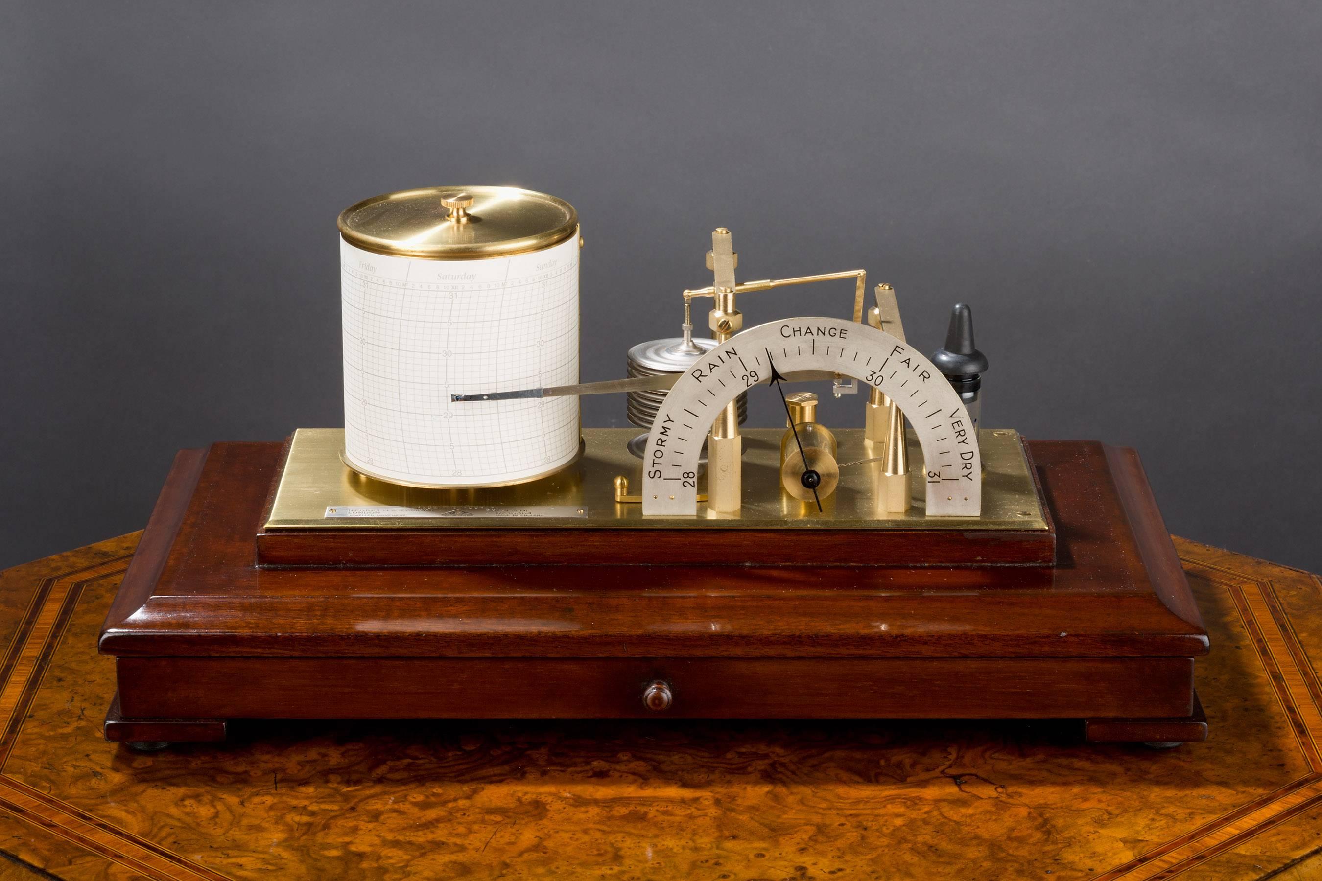 Mahogany Barograph with ten vacuum chambers linking the pen arm to the revolving drum also linked to the silvered ‘demilune’ dial. Calibrated from 28–31 and with five weather indications.

Eight day jewelled movement of Fine quality set on a full