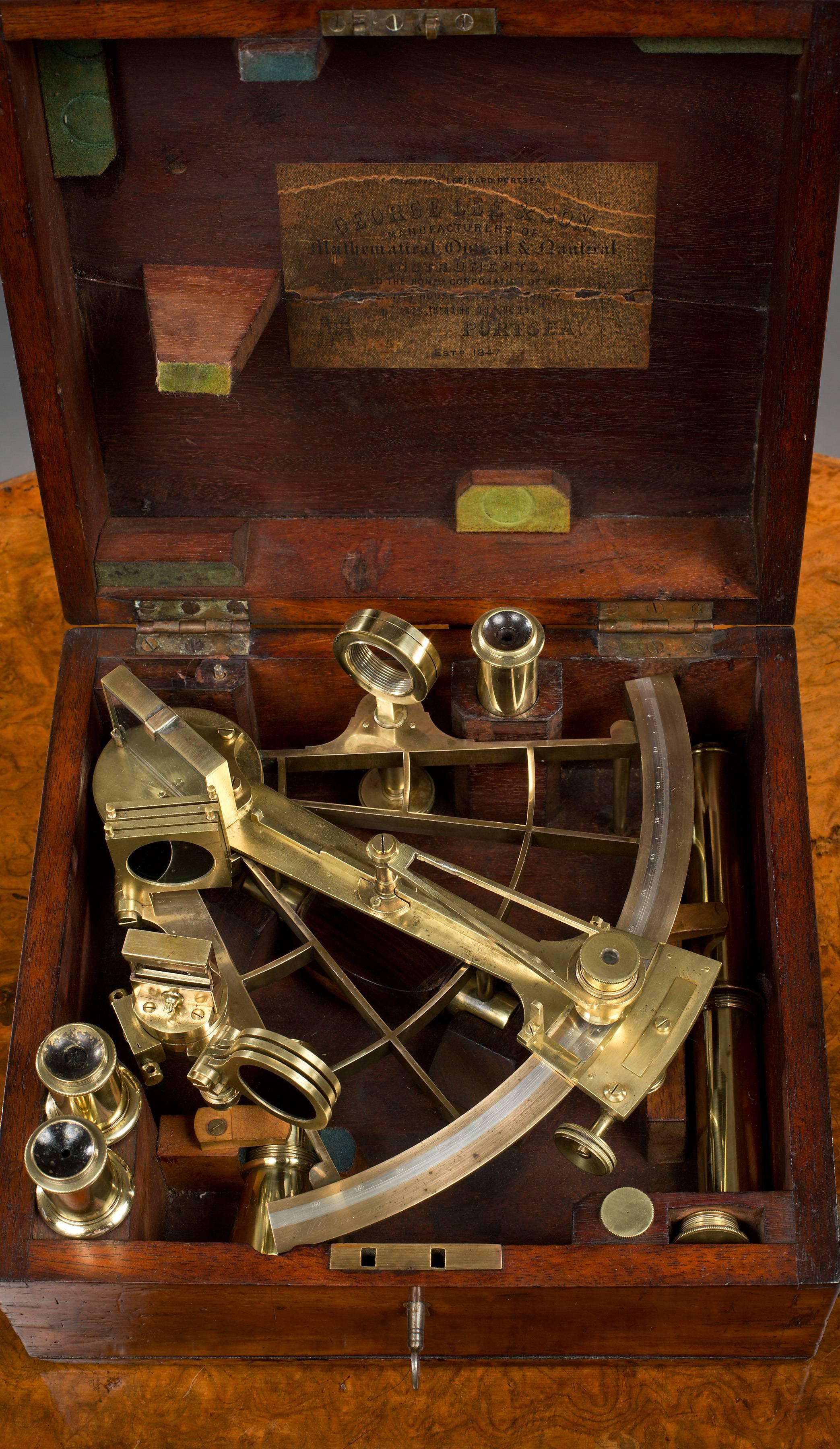 A fine 8 inch lacquered brass frame radius Vernier sextant by Crichton Brothers of London. Polished arc signed ‘Crichton Bros, London’ and R.H.Henderson, Esq R.N. 

Silvered scale marked from 0 degrees to 160 degrees with swivel magnifier,