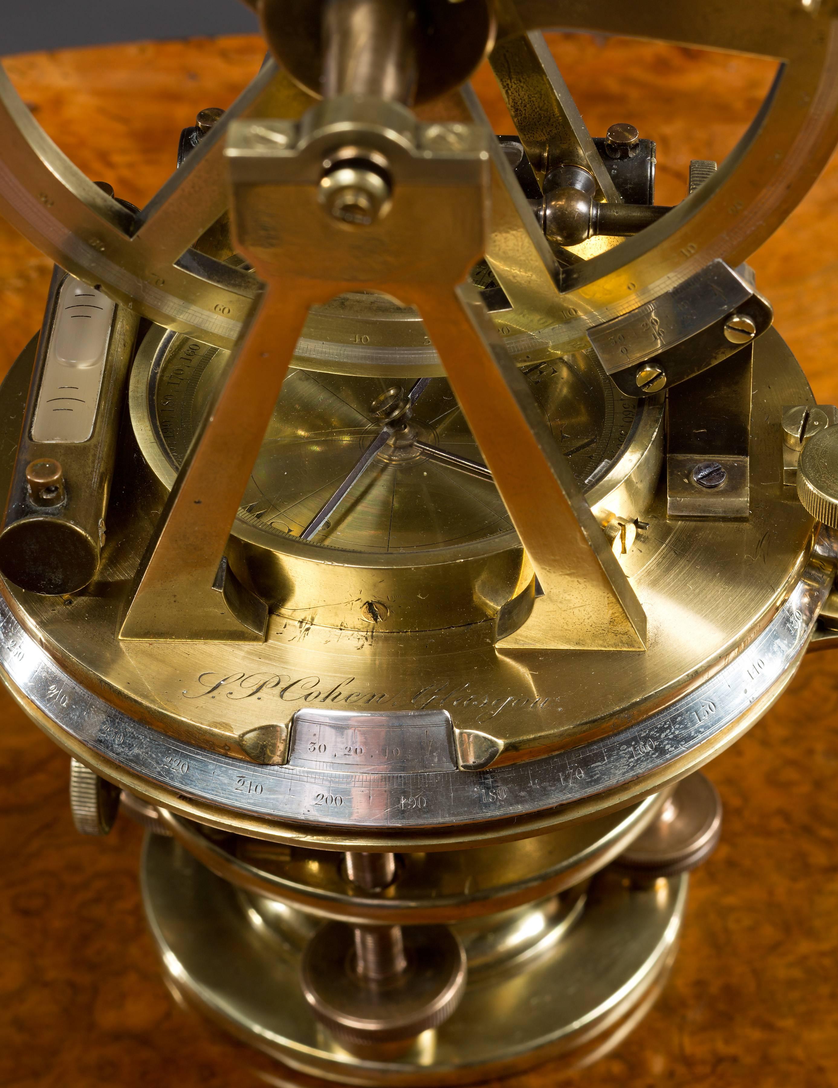 19th century laquered brassTheodolite By S.P.Cohen, Glasgow


Extending telescope with rack and pinion focusing and centrally mounted spirit level, located on the limb with twin clamps, half vertical circle inset with vernier scale marked from 0