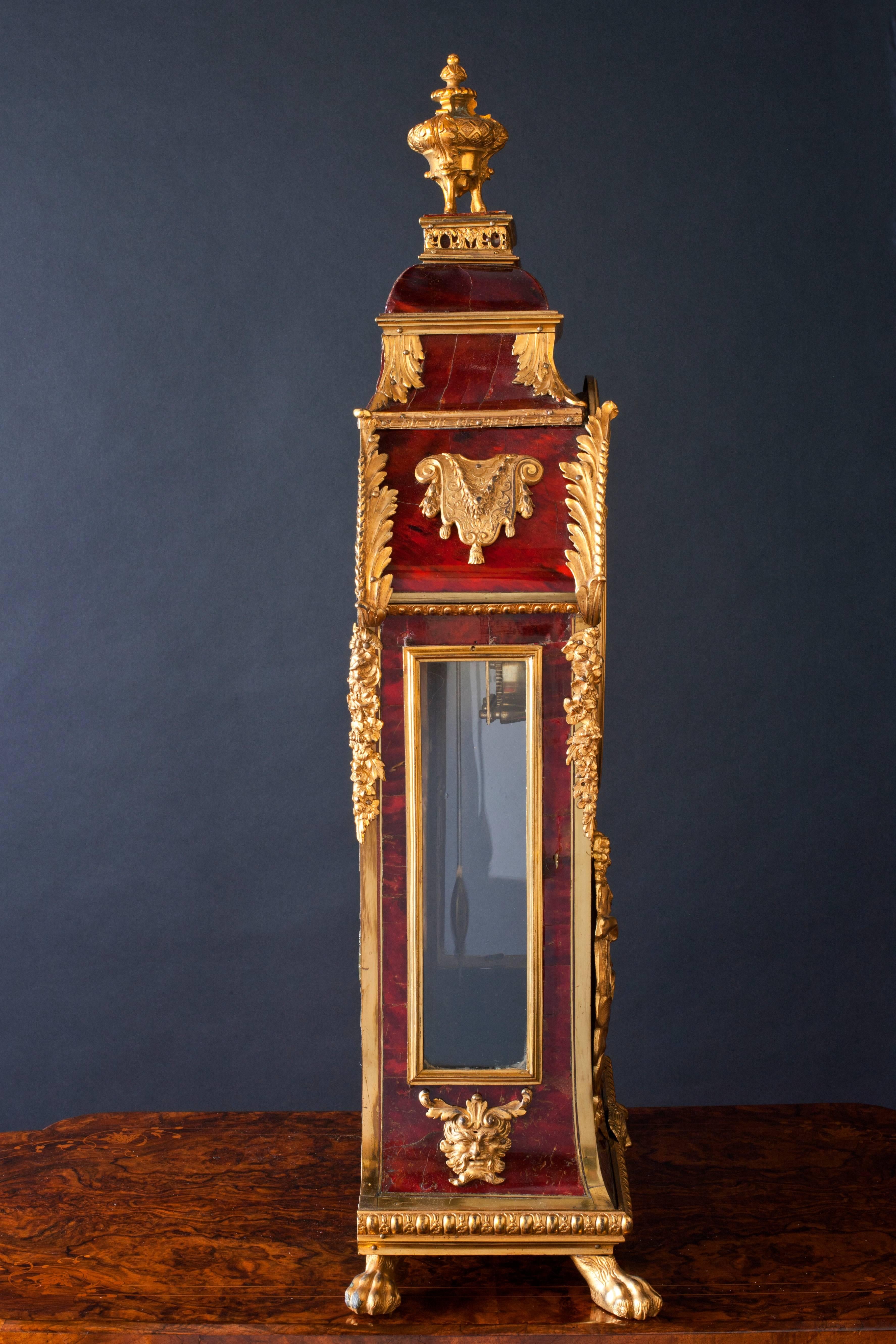An exceptional Louis XIV Boulle bracket clock.

Nine inch 12 piece enamel cartouche dial with Roman numerals and original hands signed ‘Jean Minoche a Paris’. Rectangular five pillar movement with outside uncut countwheel striking, anchor