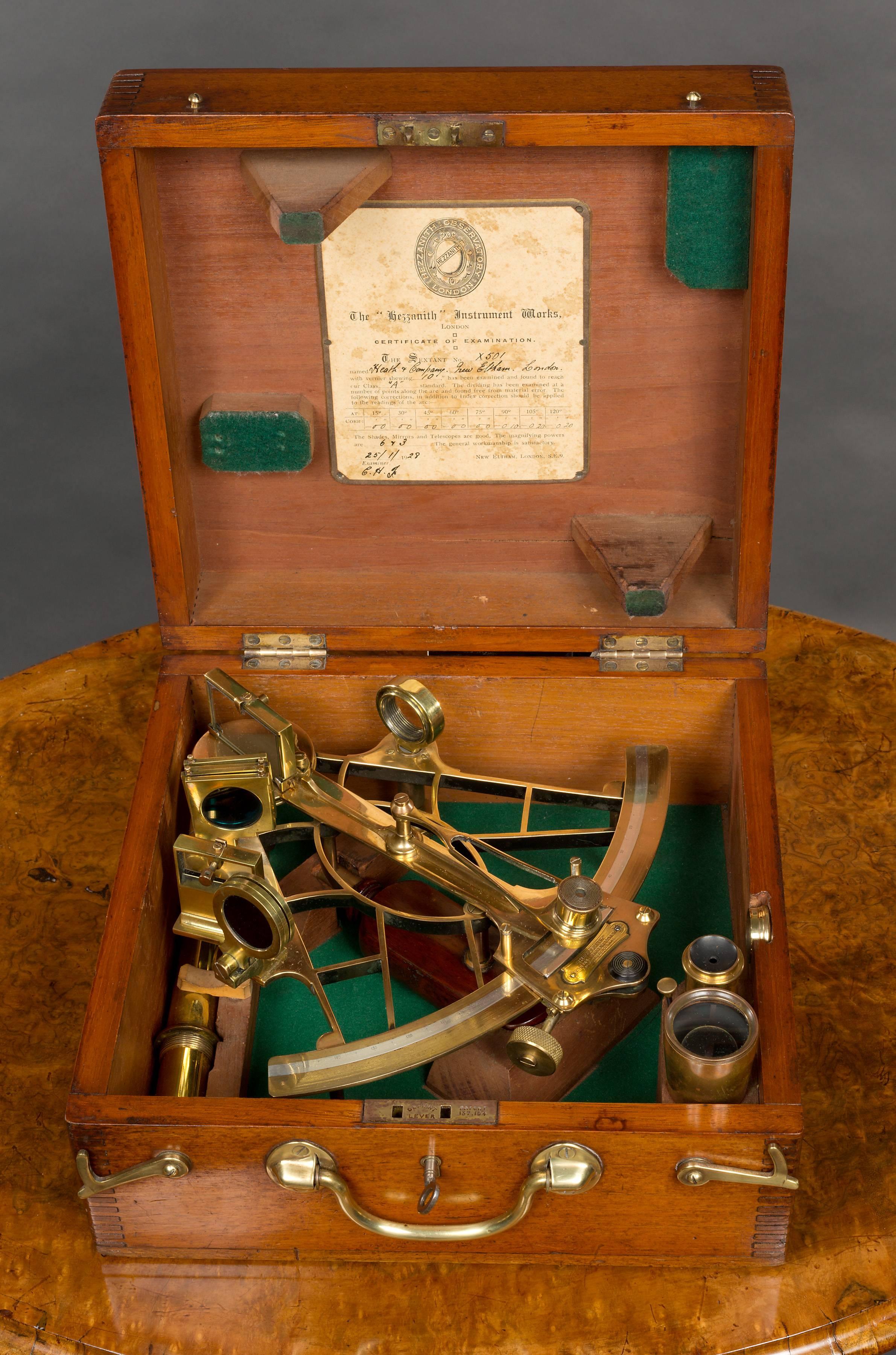Fine 9 inch radius vernier sextant by Heath and Company. Laquered brass frame with silvered arc signed ‘Heath and Company, New Eltham, London, No.X501. The scale marked from 0 degrees to 140 degrees with swivel magnifier, adjustable tube socket,