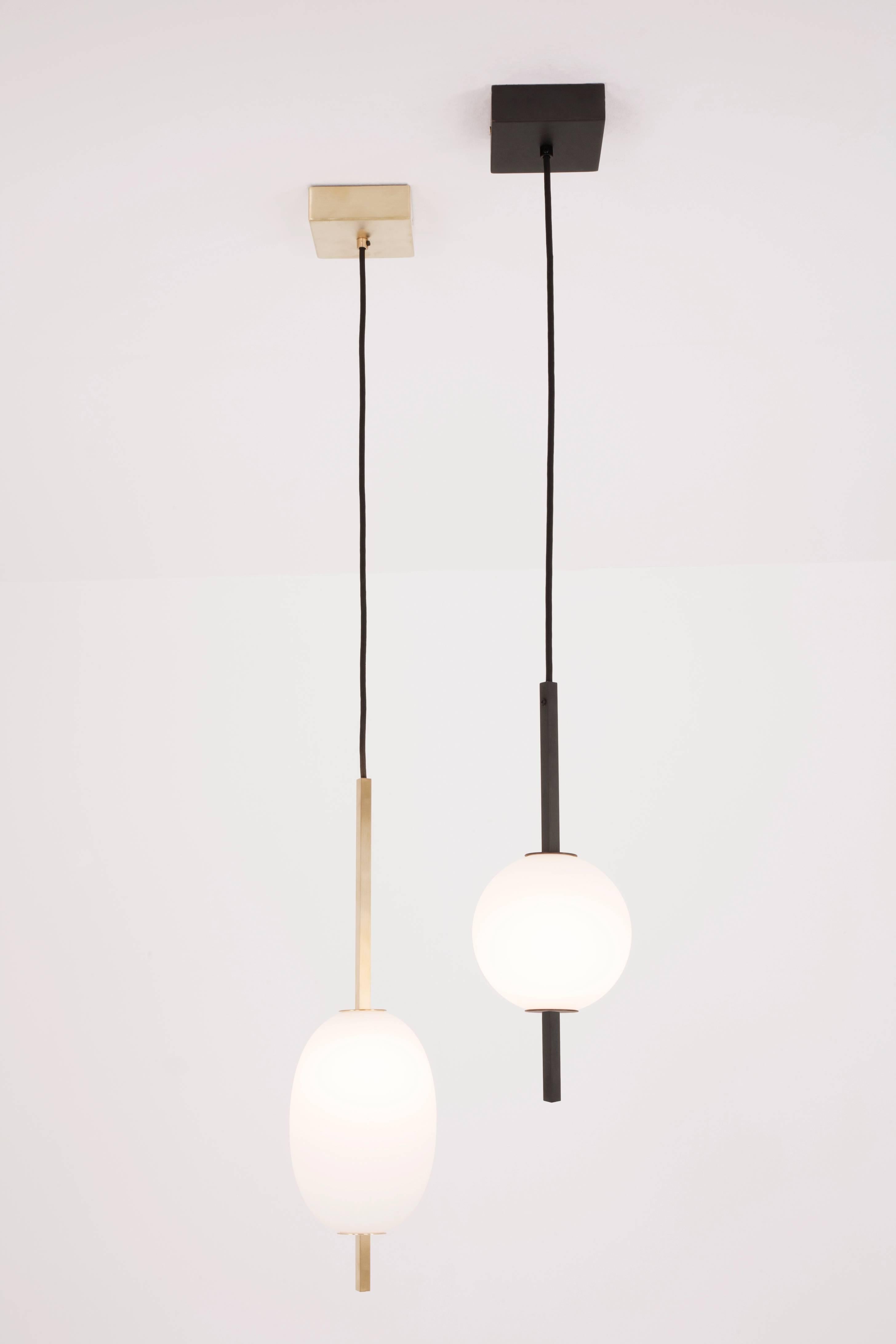 American Miro 1 Oval Pendant In Brass or Matte Black with Handblown Glass Shades For Sale