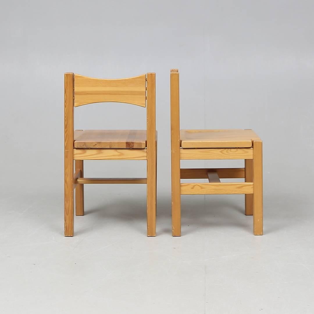 Two Ilmari Tapiovaara pine chairs
Designed in 1963 for Laukaan Puu Oy. 
 Chairs: 40cm (W) x 40cm (D) x 72.5cm (H) seat H 43cm.
