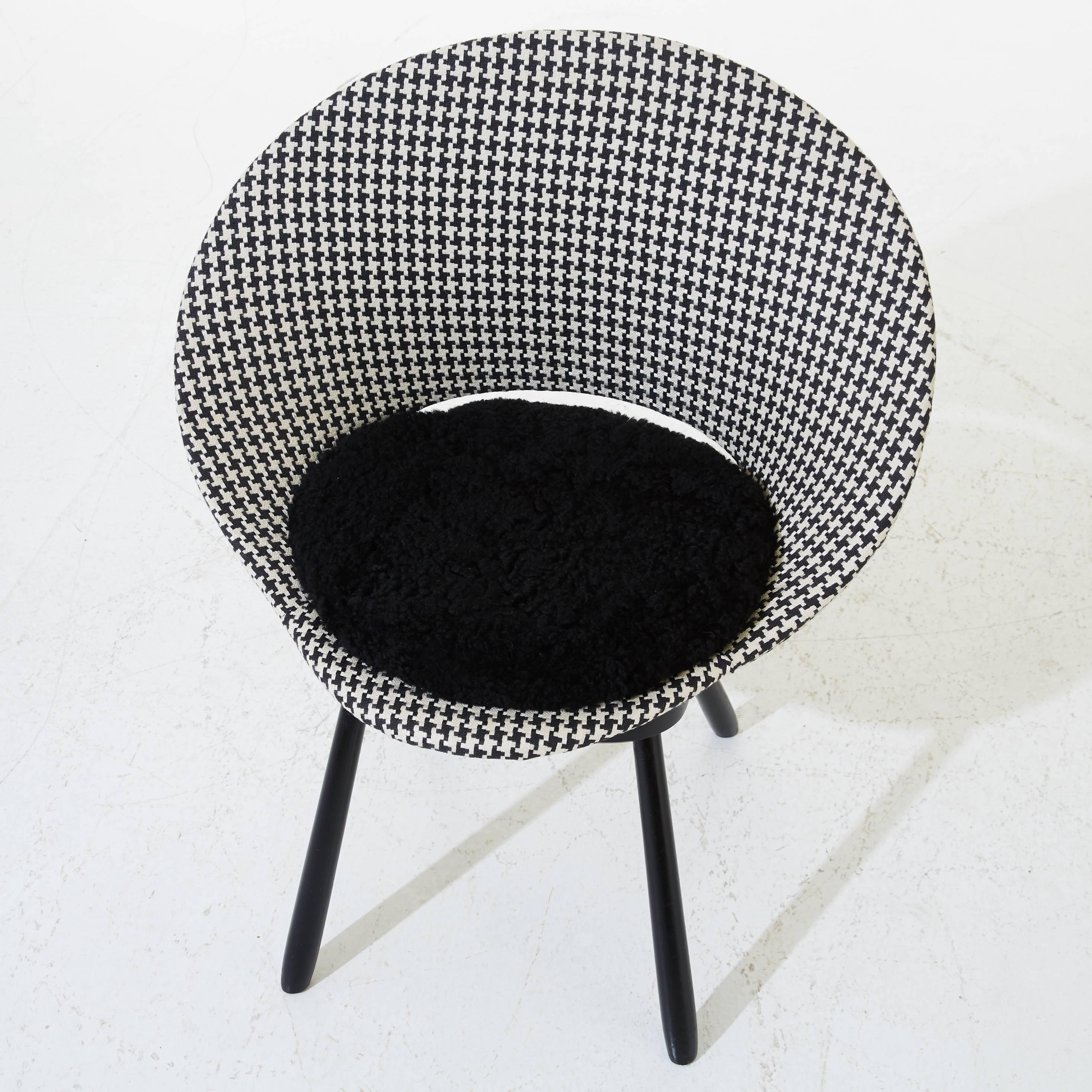 Scandinavian Modern Swedish Chair, 1950s, Houndstooth Pattern with Sheepskin Seat  For Sale