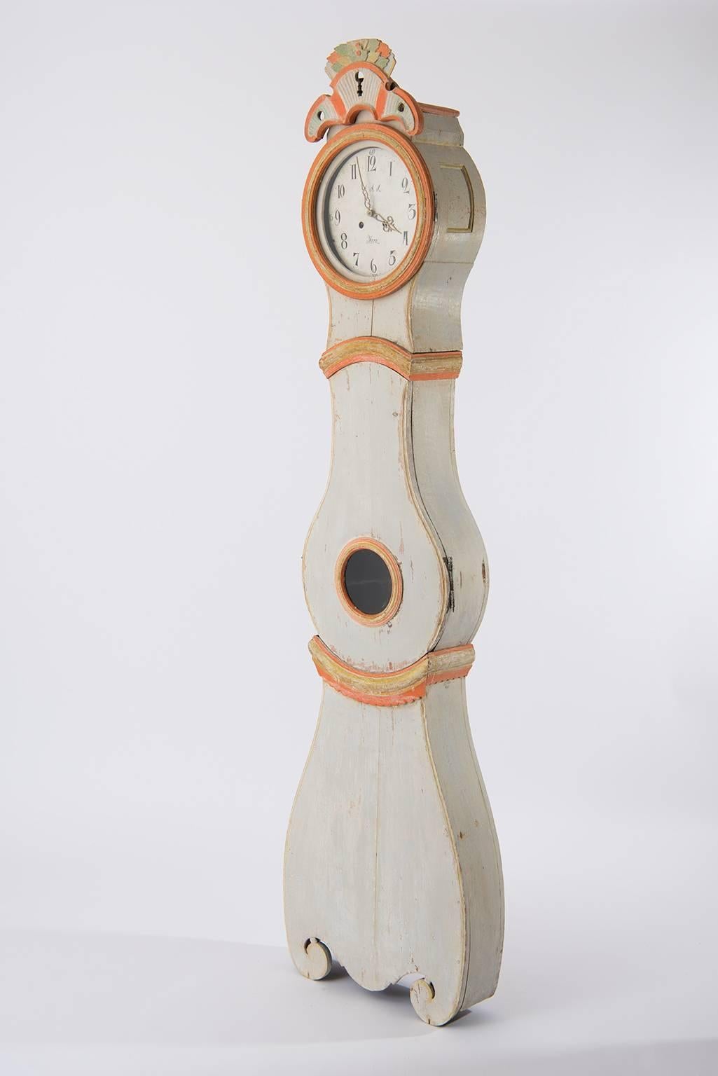 Hand-Crafted Antique Swedish Rococo Long Case Clock, So Called Mora Clock with Original Paint For Sale