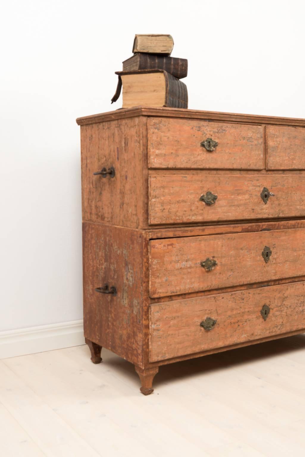 The chest of drawers is two pieced and has been dry scraped to original paint. Lock, key and hardware are original for the bureau and are from the late 1700s.