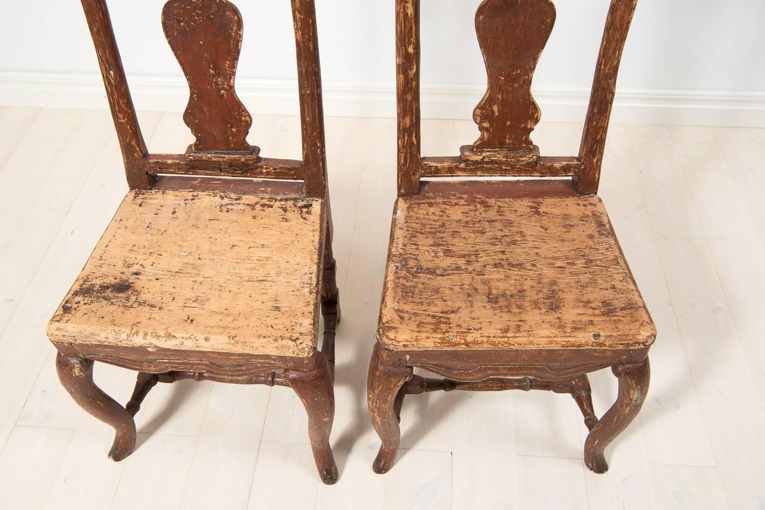 Pair of 18th Century Antique Swedish Baroque Dining Room Chairs Pine Tall Backs In Good Condition For Sale In Kramfors, SE