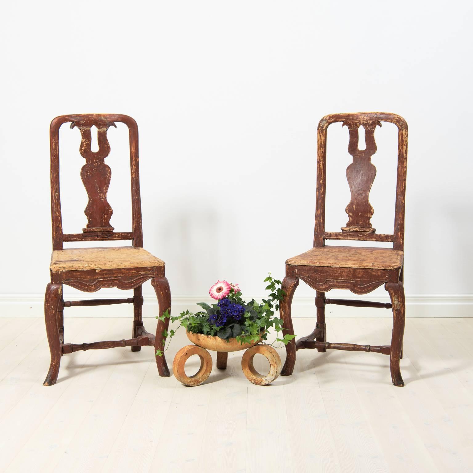 Hand-Crafted Pair of 18th Century Antique Swedish Baroque Dining Room Chairs Pine Tall Backs For Sale