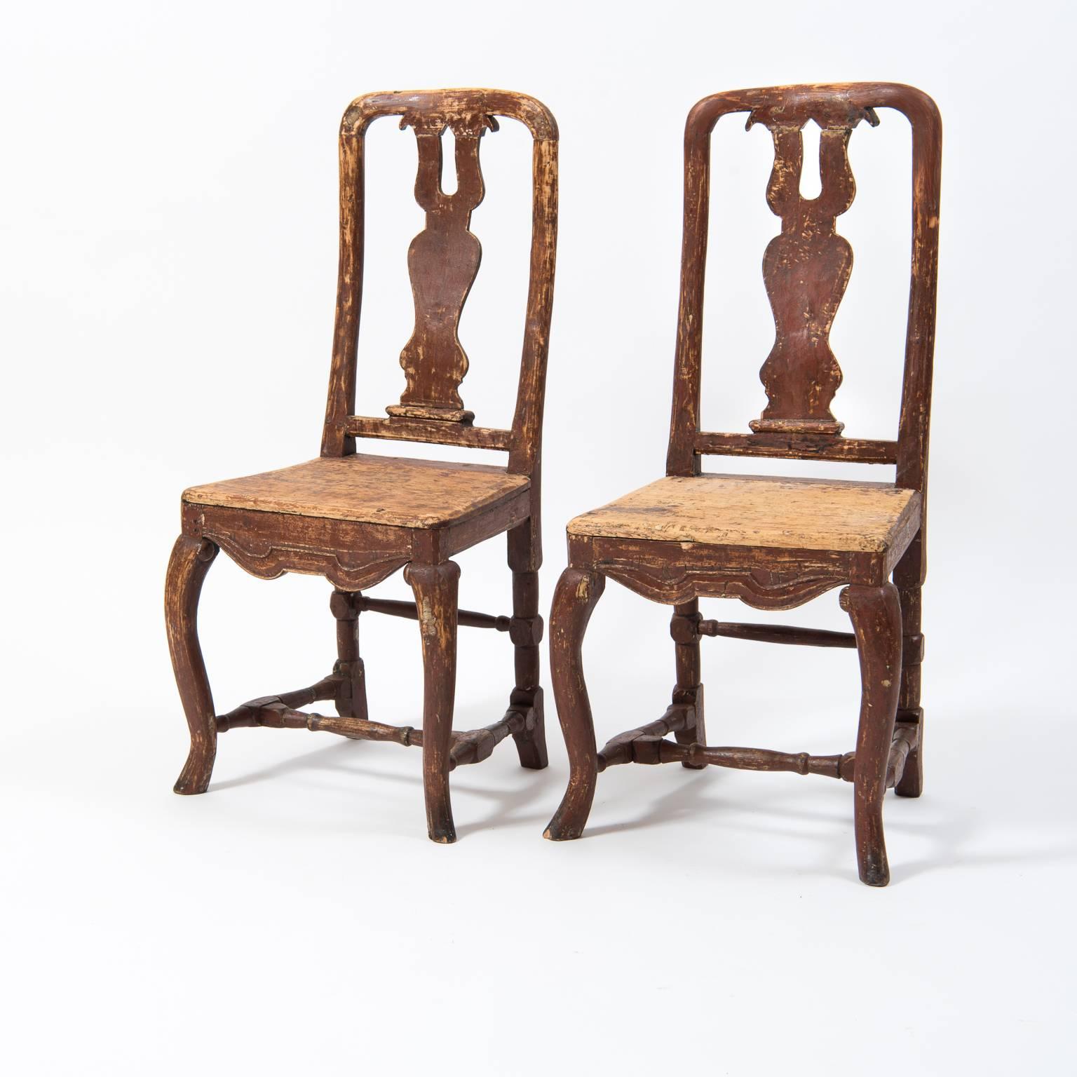Pair of 18th Century Antique Swedish Baroque Dining Room Chairs Pine Tall Backs For Sale 2