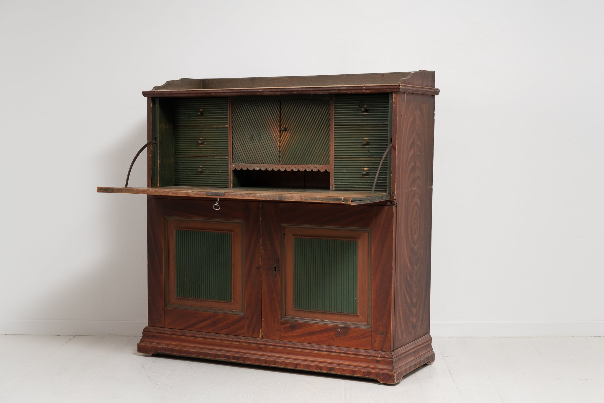 Unusual Swedish Antique Tall Country Secretary Desk in Painted Pine