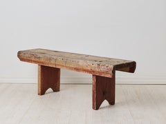 Rustic Well-Loved Folk Art Bench, Handcrafted Pine, Northern Sweden, Late 1700s