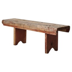 Rustic Well-Loved Folk Art Bench, Handcrafted Pine, Northern Sweden, Late 1700s