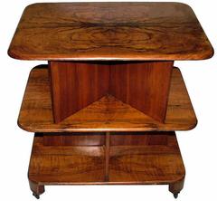 Geometric 1930s Art Deco Three-Tier Walnut Table on Casters