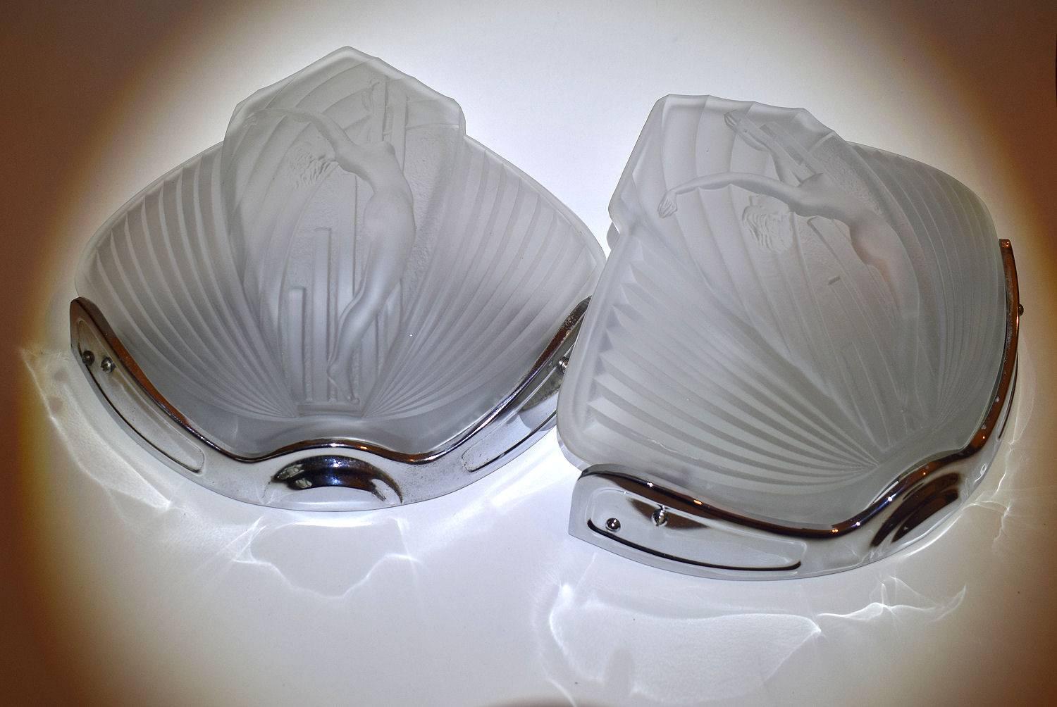 Glass Rare 1930s Art Deco Pair of Nude Female Wall or Sconces Lights