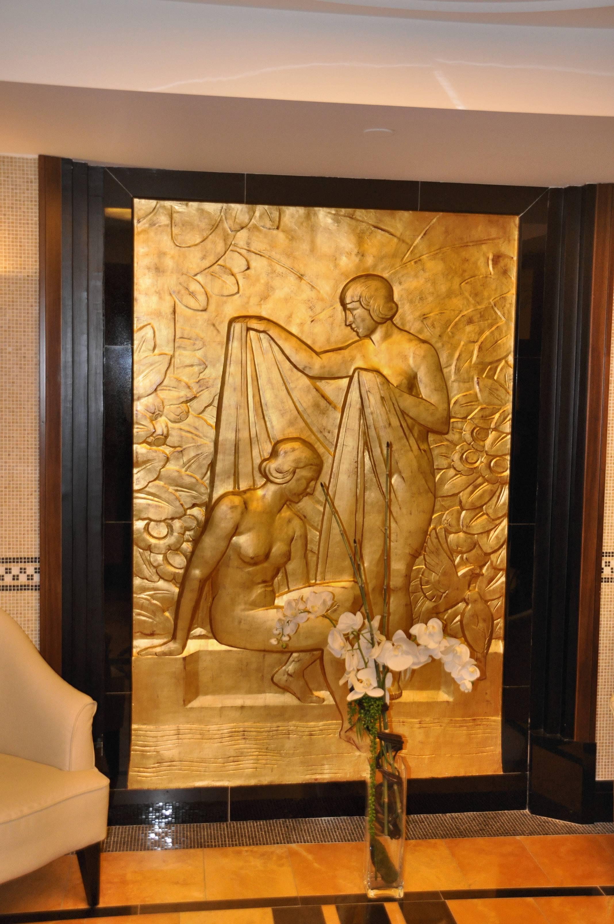 Gilt Art Deco Large And Impressive Hand Crafted  'Bathing Ladies' Wall Plaque For Sale