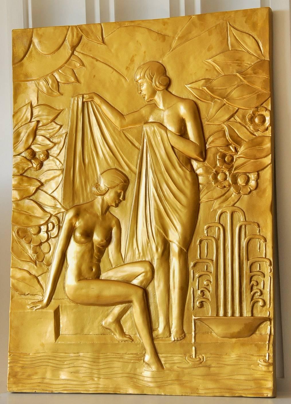 Art Deco Large And Impressive Hand Crafted  'Bathing Ladies' Wall Plaque In Excellent Condition For Sale In Devon, England