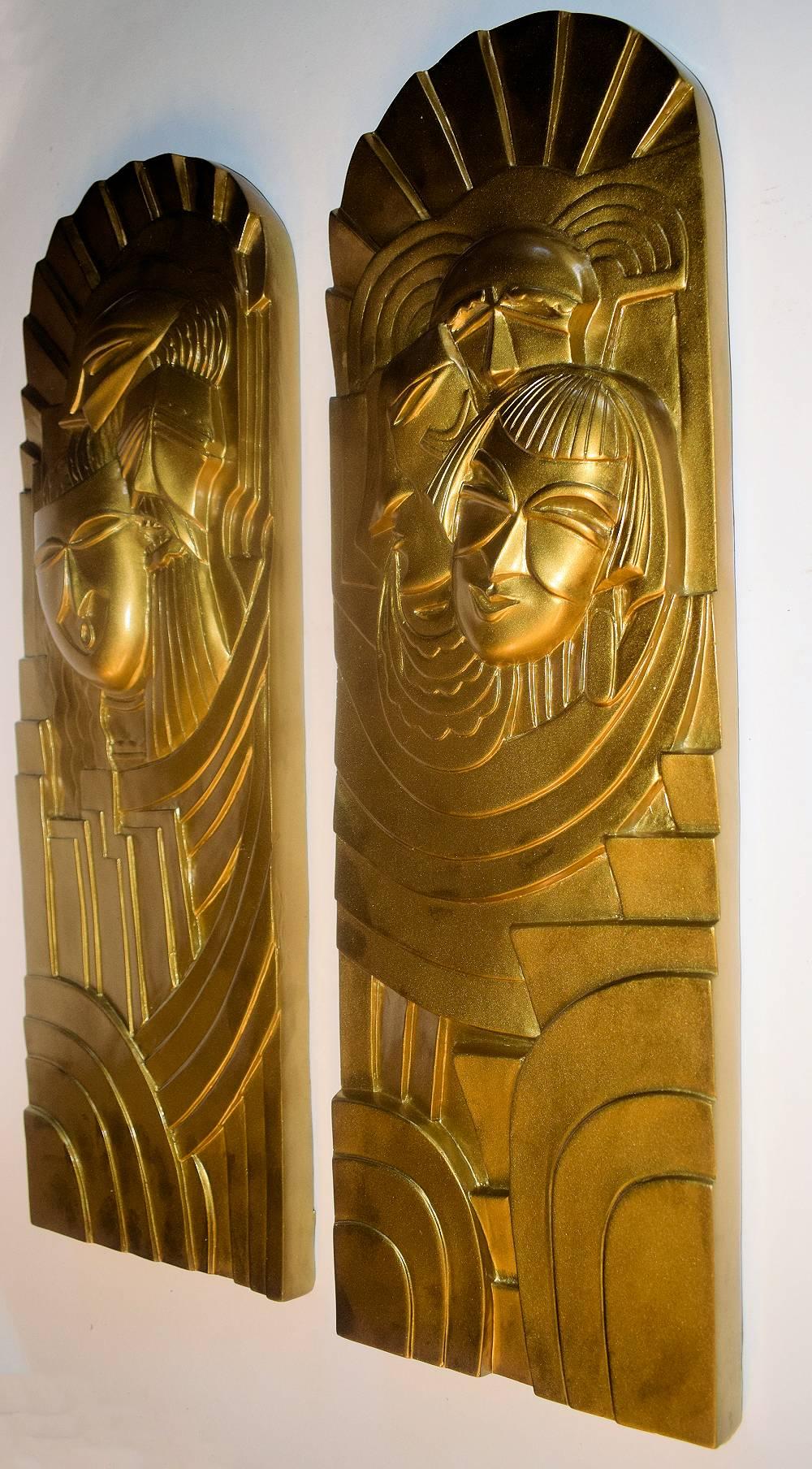 This is a super rare opportunity to acquire a pair of these beautifully reduced versions of the facade bas-relief of the Folies-Bergeres cabaret.
One time designer, Pico who created the central dancing lady facade over the entrance to the Folies
