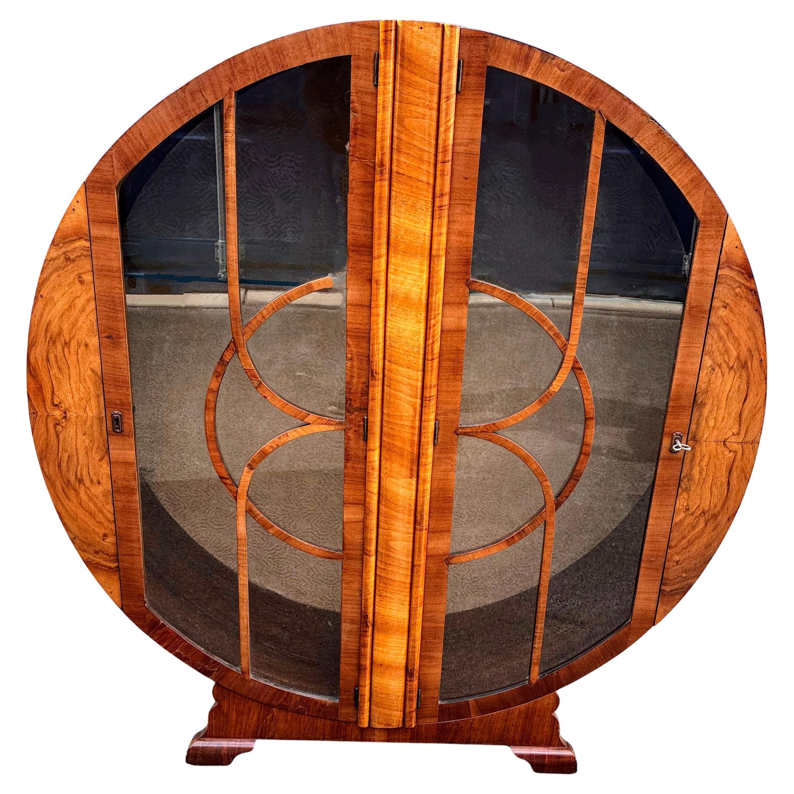 Art Deco Beautiful Walnut Circular Display Vitrine Cabinet, c1930 For Sale