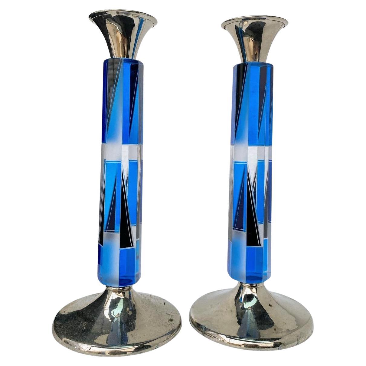 Art Deco Matching Pair of Nickel-Silver & Glass Candlesticks, c1930