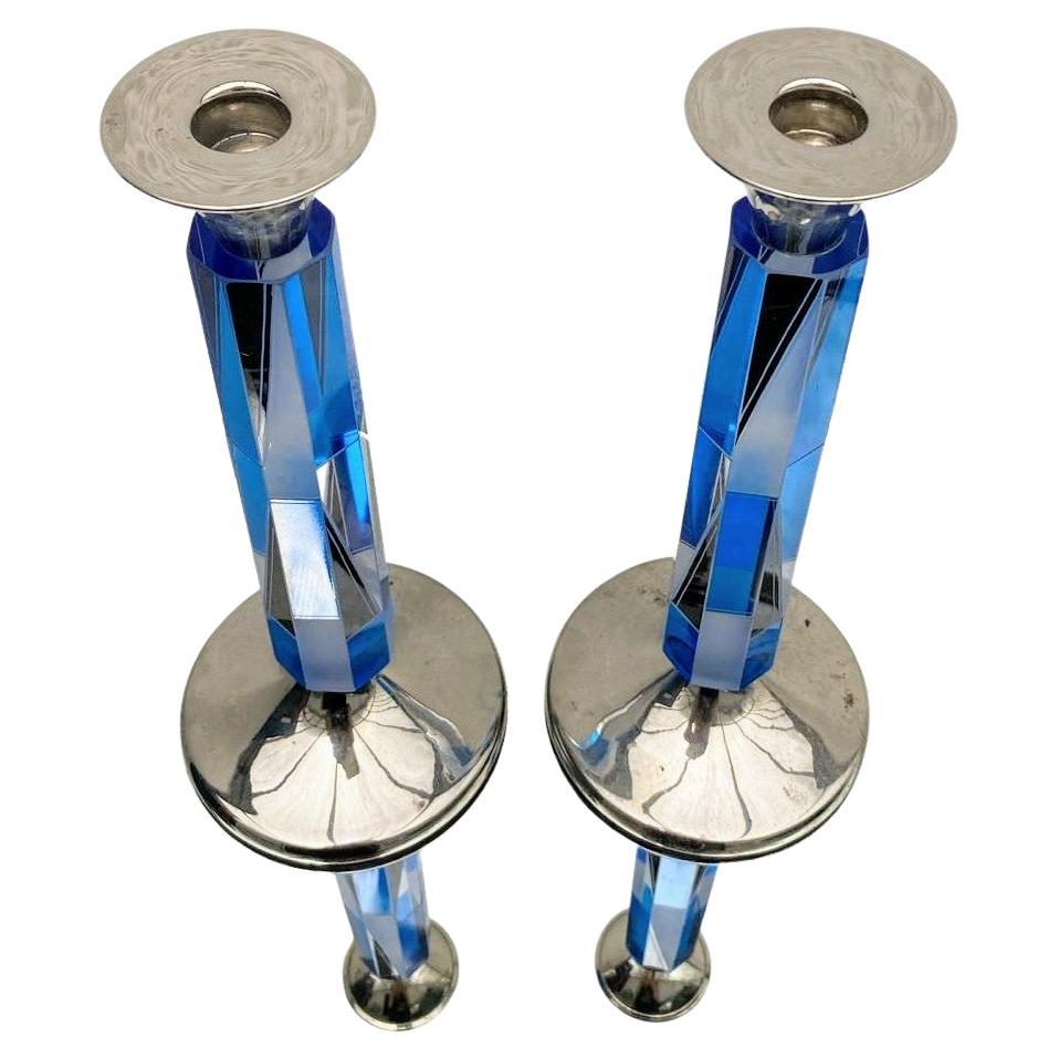 Art Deco Matching Pair of Nickel-Silver & Glass Candlesticks, c1930 For Sale 8