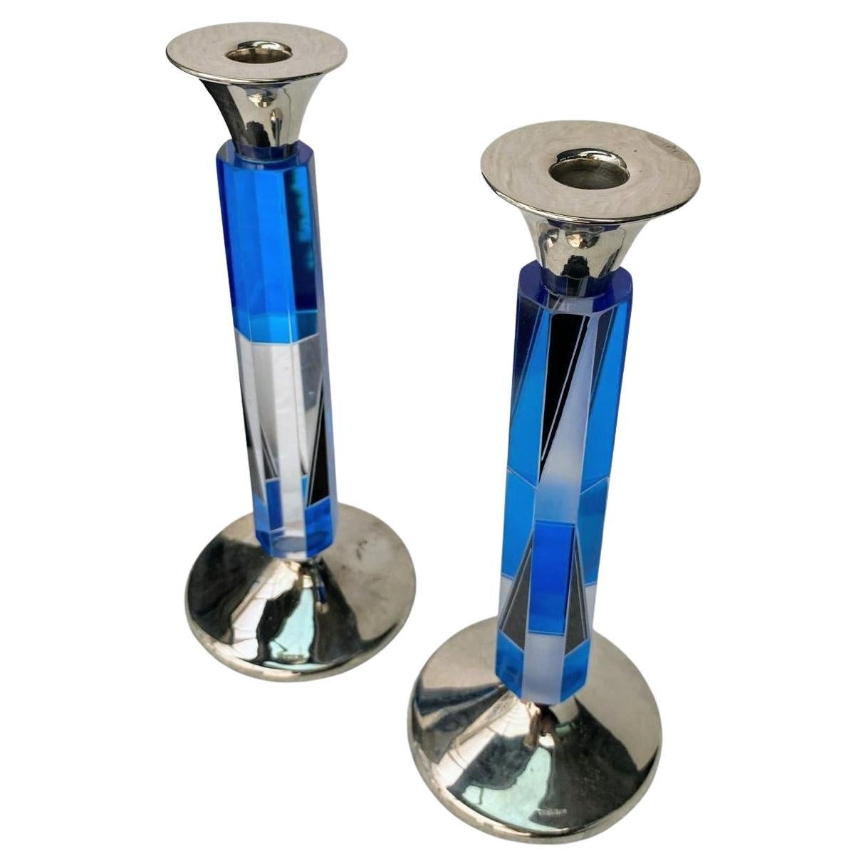 Art Deco Matching Pair of Nickel-Silver & Glass Candlesticks, c1930 For Sale 7