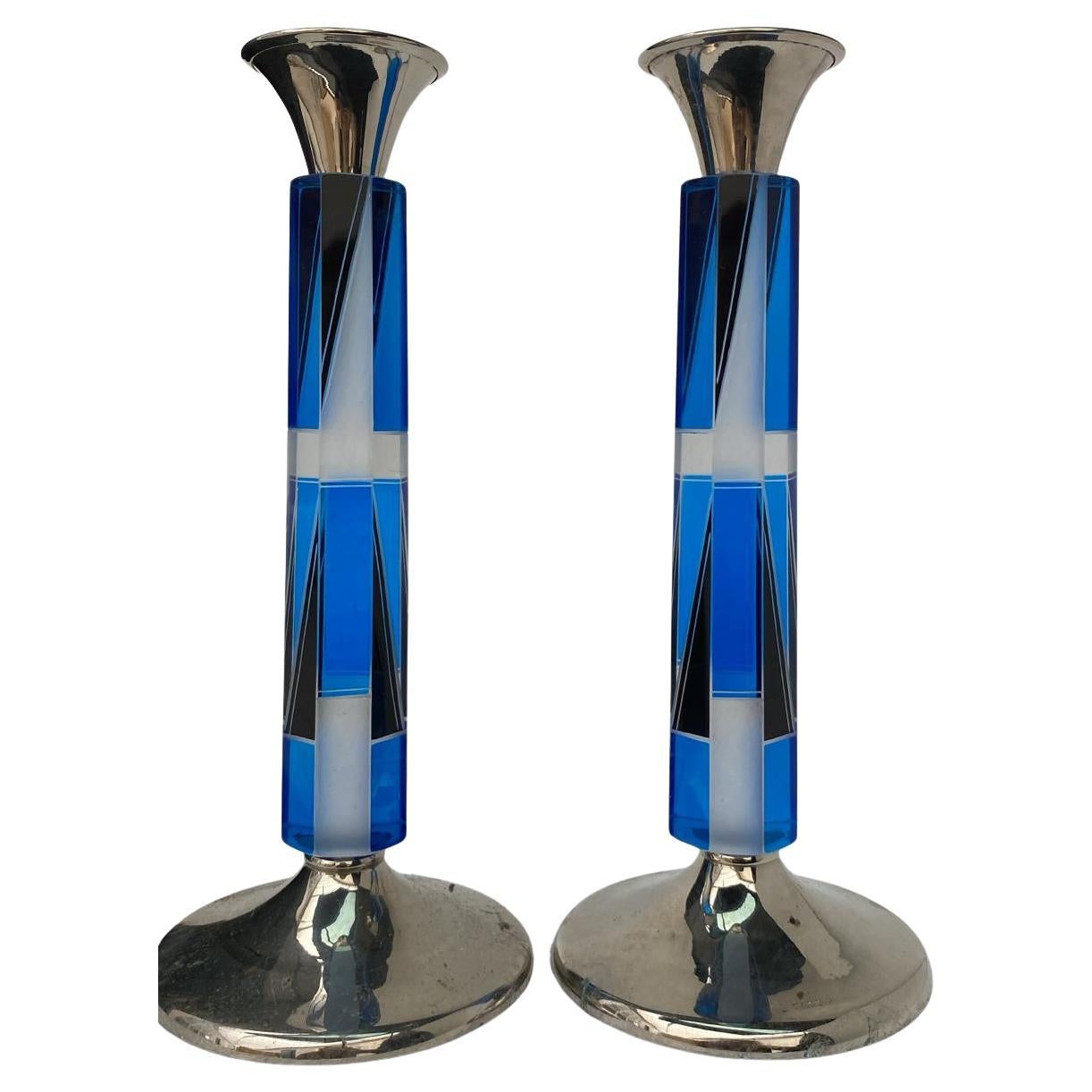Art Deco Matching Pair of Nickel-Silver & Glass Candlesticks, c1930 For Sale 6