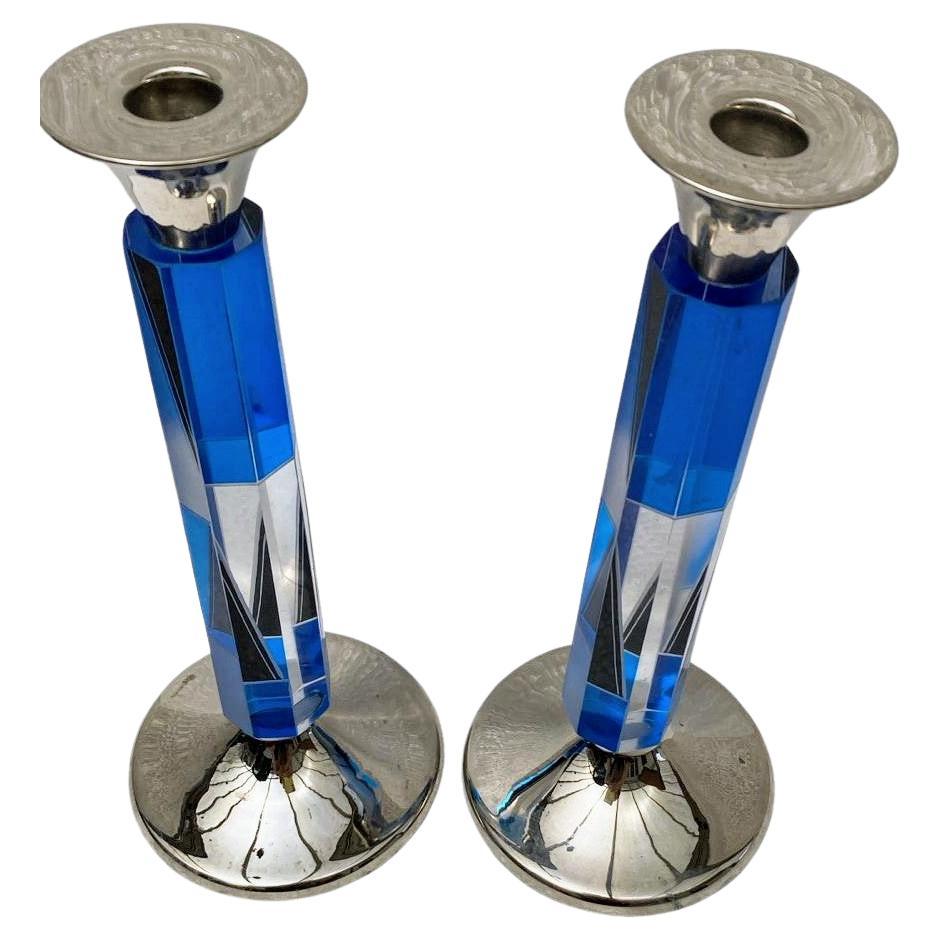 Art Deco Matching Pair of Nickel-Silver & Glass Candlesticks, c1930 For Sale 5