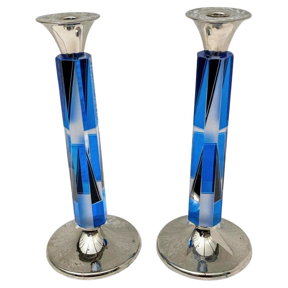 Art Deco Matching Pair of Nickel-Silver & Glass Candlesticks, c1930 For Sale 2