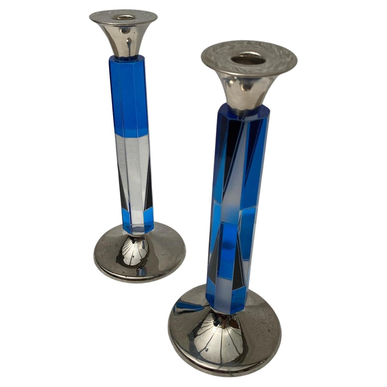 Art Deco Matching Pair of Nickel-Silver & Glass Candlesticks, c1930 For Sale 1