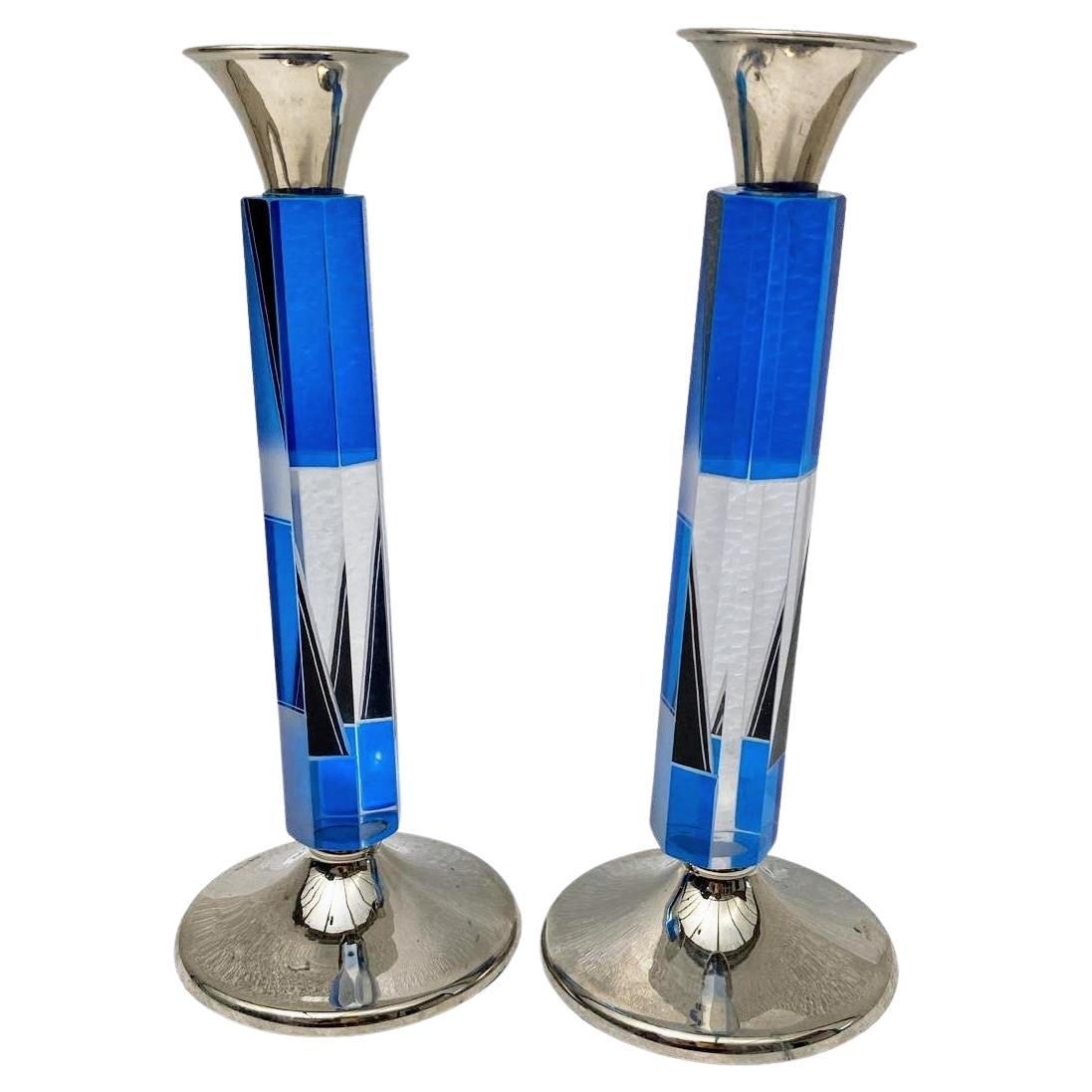 Silver Plate Art Deco Matching Pair of Nickel-Silver & Glass Candlesticks, c1930 For Sale