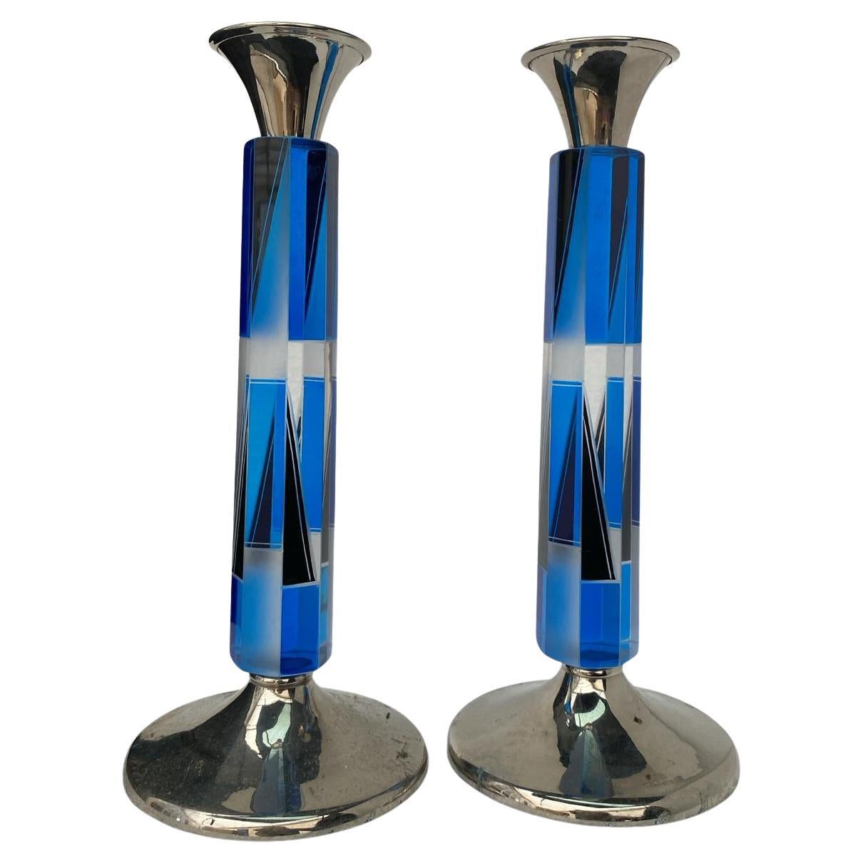 20th Century Art Deco Matching Pair of Nickel-Silver & Glass Candlesticks, c1930 For Sale