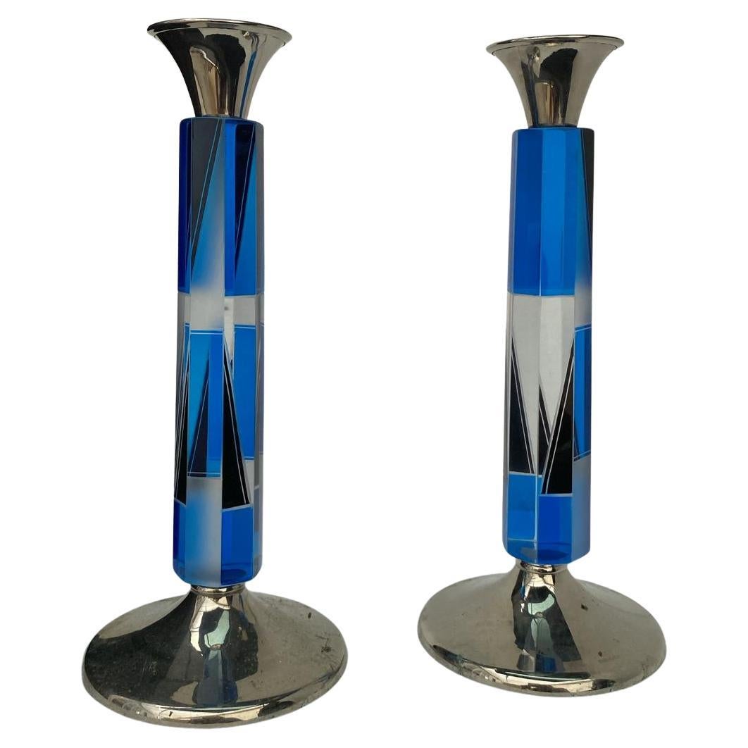 Art Deco Matching Pair of Nickel-Silver & Glass Candlesticks, c1930 In Good Condition For Sale In Devon, England