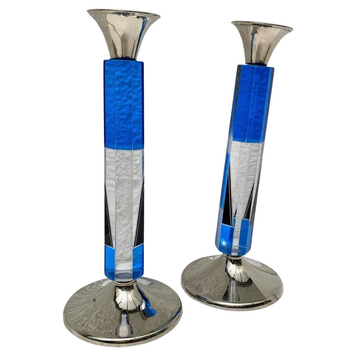 European Art Deco Matching Pair of Nickel-Silver & Glass Candlesticks, c1930 For Sale