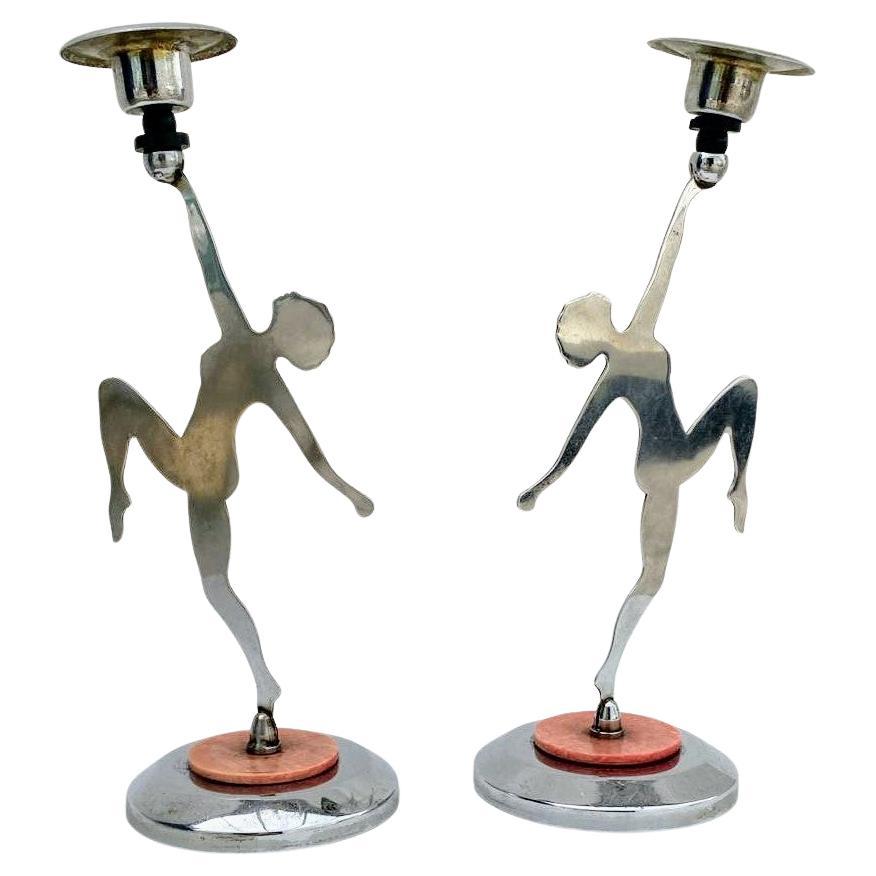 Art Deco Matching Pair of Chrome Candlesticks, c1930 For Sale 3