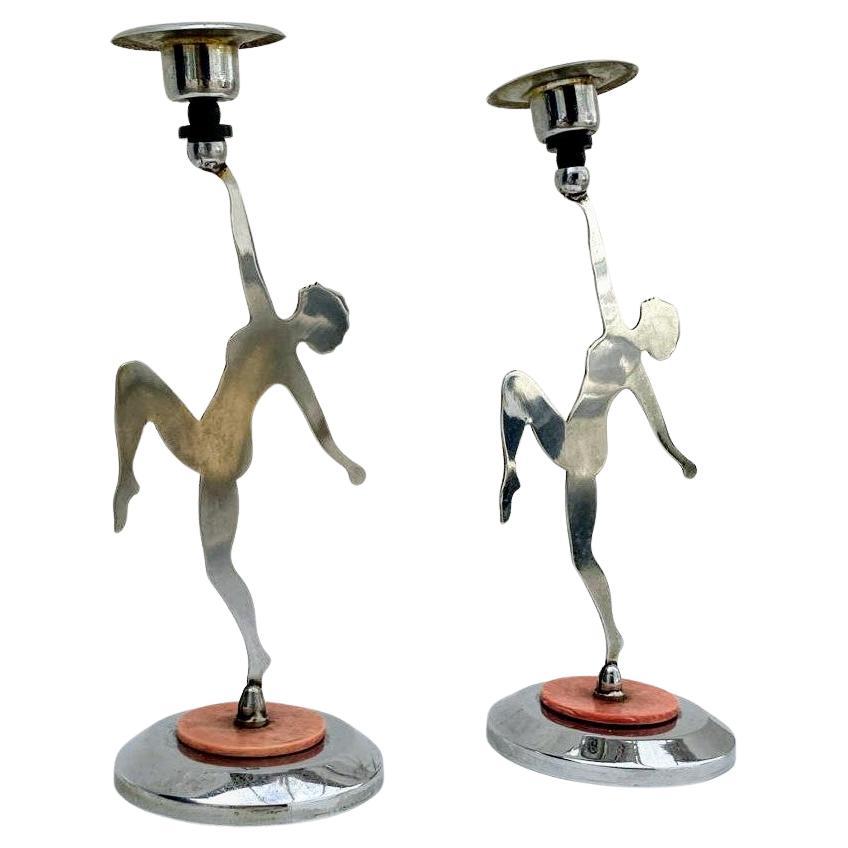 Art Deco Matching Pair of Chrome Candlesticks, c1930 For Sale 1