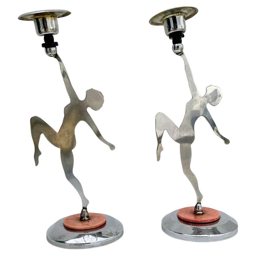 20th Century Art Deco Matching Pair of Chrome Candlesticks, c1930 For Sale