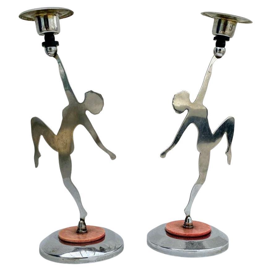 Art Deco Matching Pair of Chrome Candlesticks, c1930 For Sale