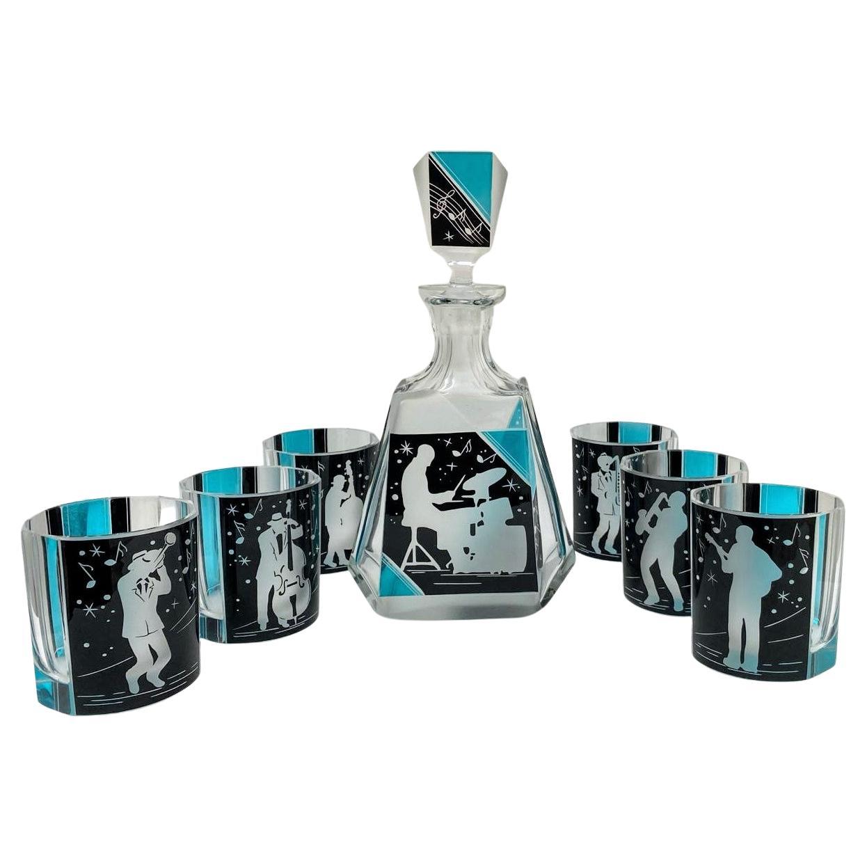 Art Deco 'Jazz Man' Glass Decanter Set with 6 Matching Glasses, c1930 For Sale 4