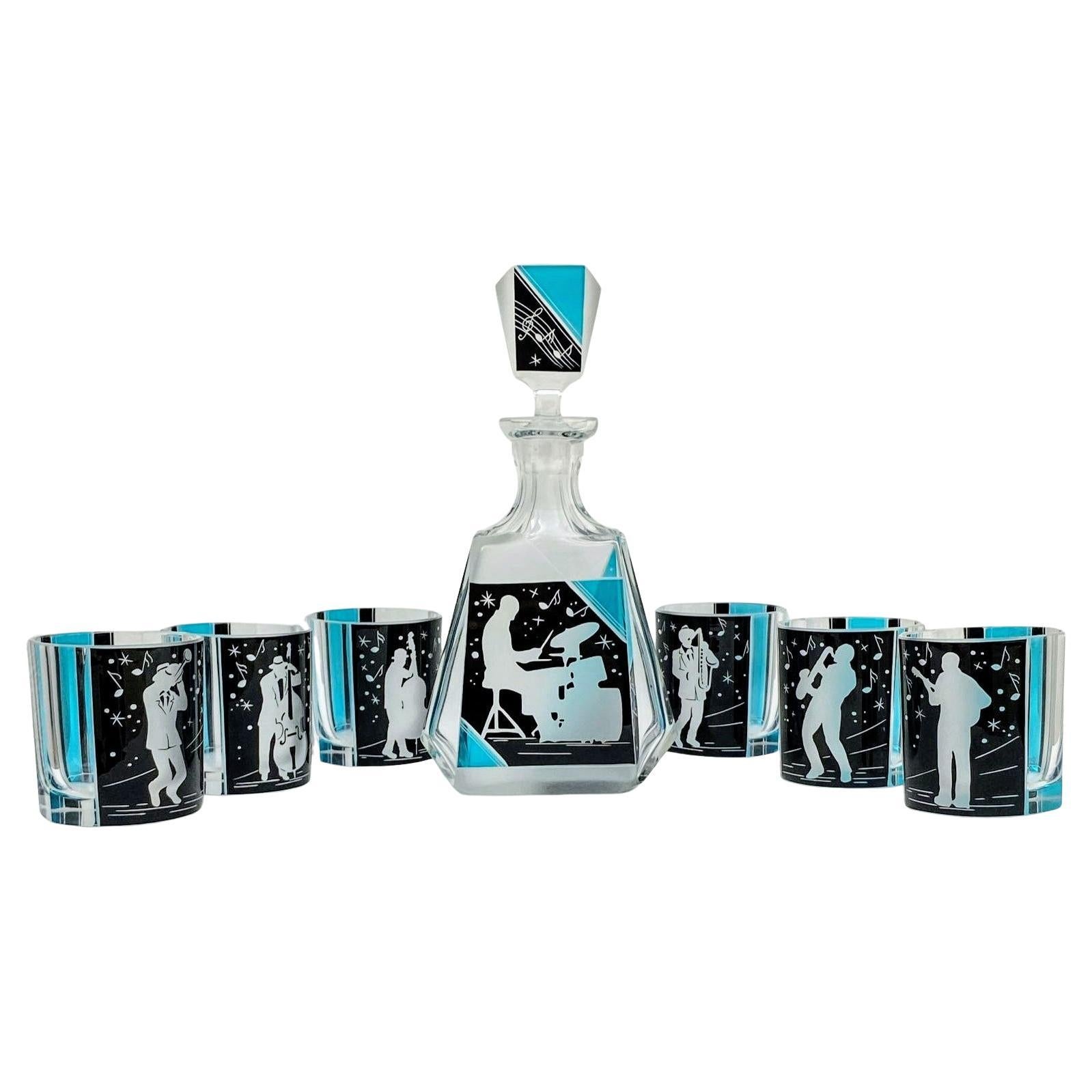 Art Deco 'Jazz Man' Glass Decanter Set with 6 Matching Glasses, c1930 For Sale