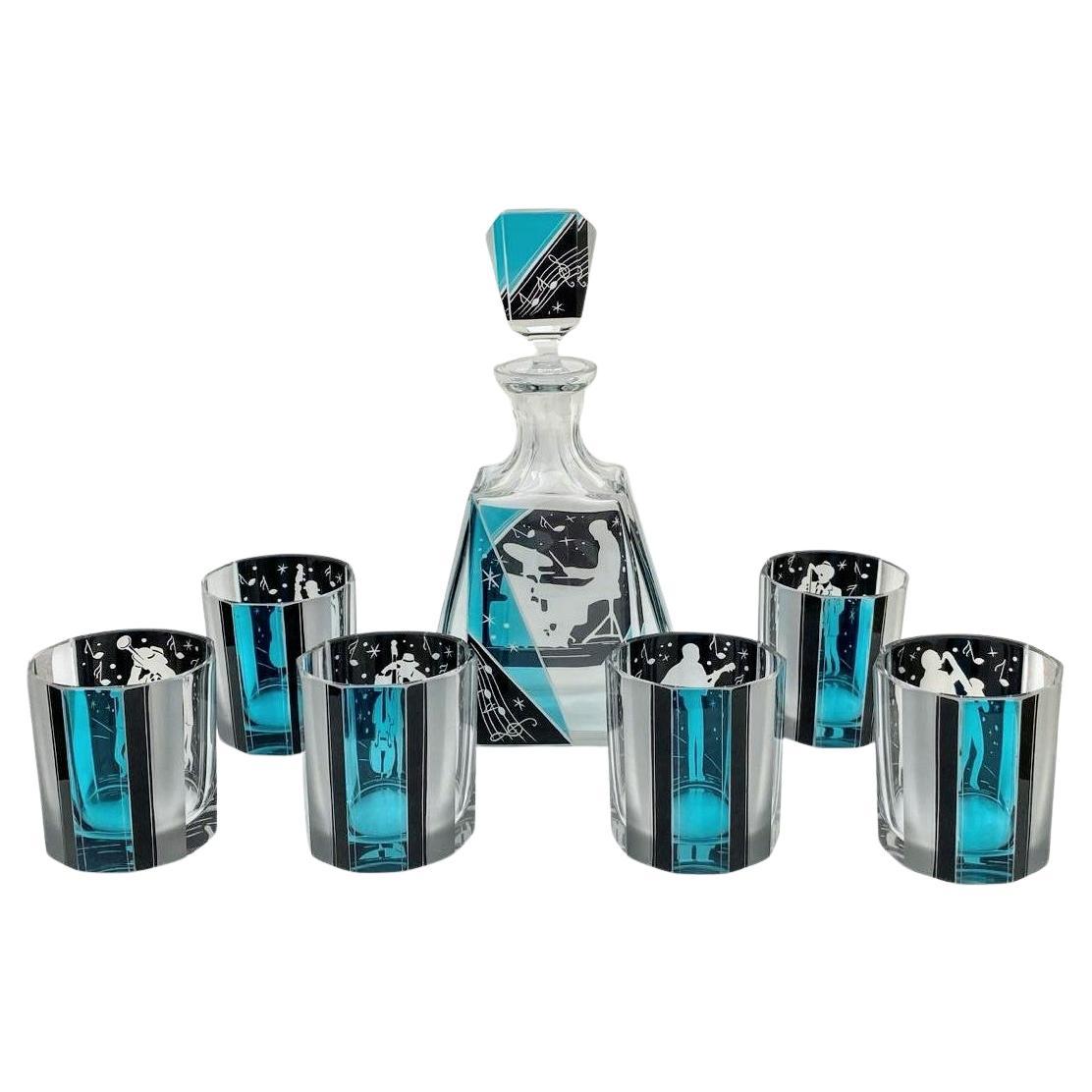 Art Deco 'Jazz Man' Glass Decanter Set with 6 Matching Glasses, c1930 For Sale 3