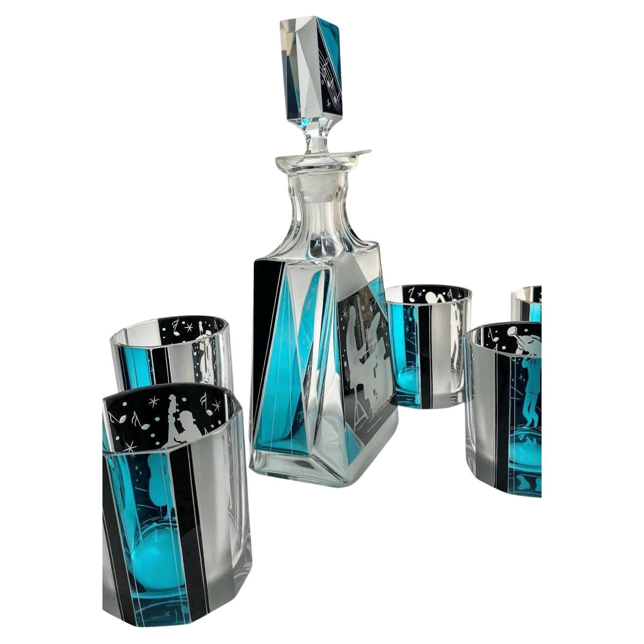 Art Deco 'Jazz Man' Glass Decanter Set with 6 Matching Glasses, c1930 For Sale 2
