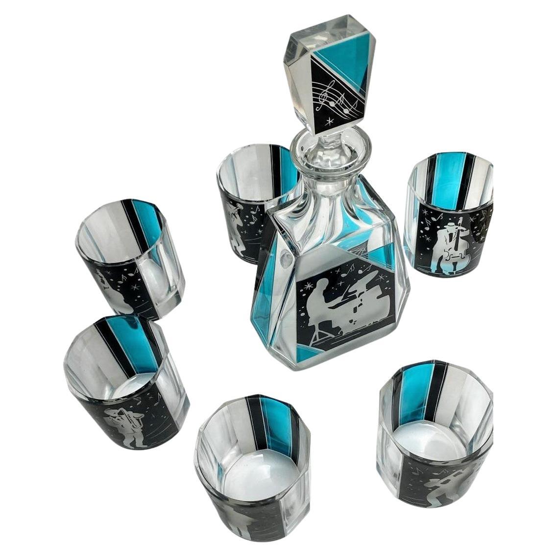 Art Deco 'Jazz Man' Glass Decanter Set with 6 Matching Glasses, c1930 For Sale 1
